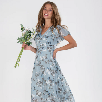 Women's Floral Dress - V-Neck - Short Flutter Sleeves - Knee-Length Flowy Design