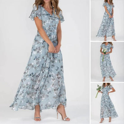 Women's Floral Dress - V-Neck - Short Flutter Sleeves - Knee-Length Flowy Design