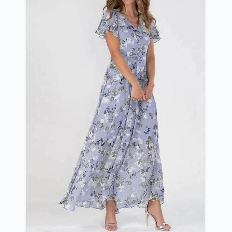 Women's Floral Dress - V-Neck - Short Flutter Sleeves - Knee-Length Flowy Design