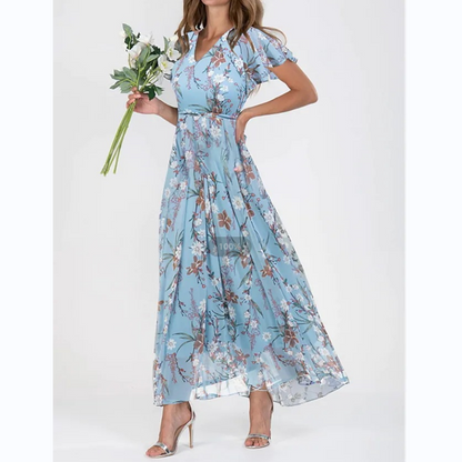 Women's Floral Dress - V-Neck - Short Flutter Sleeves - Knee-Length Flowy Design