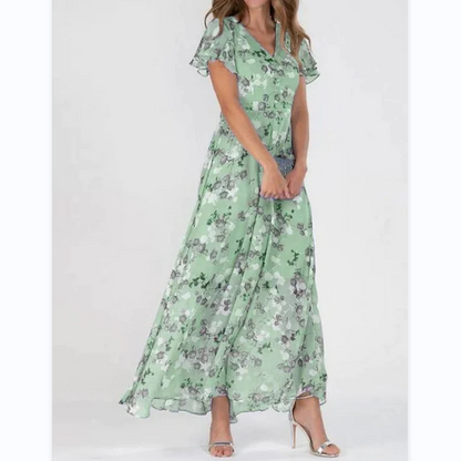 Women's Floral Dress - V-Neck - Short Flutter Sleeves - Knee-Length Flowy Design