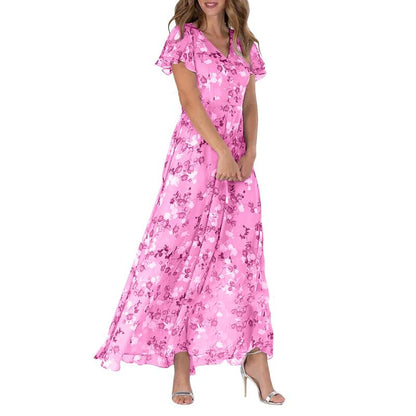 Women's Floral Dress - V-Neck - Short Flutter Sleeves - Knee-Length Flowy Design