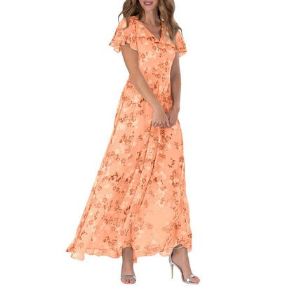 Women's Floral Dress - V-Neck - Short Flutter Sleeves - Knee-Length Flowy Design