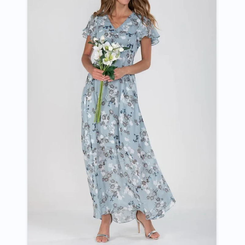 Women's Floral Dress - V-Neck - Short Flutter Sleeves - Knee-Length Flowy Design