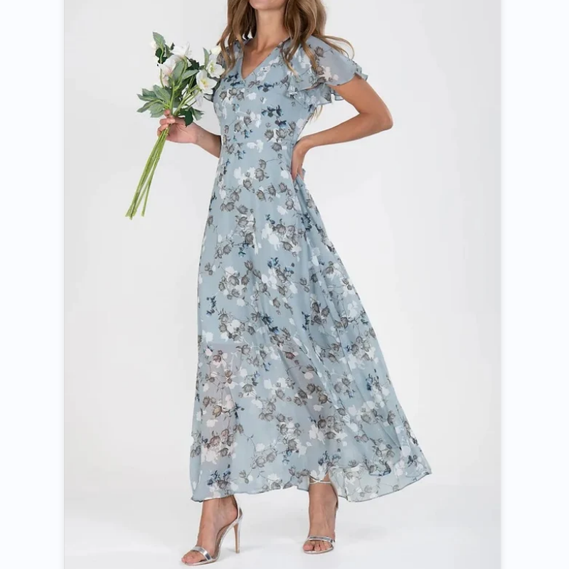 Women's Floral Dress - V-Neck - Short Flutter Sleeves - Knee-Length Flowy Design
