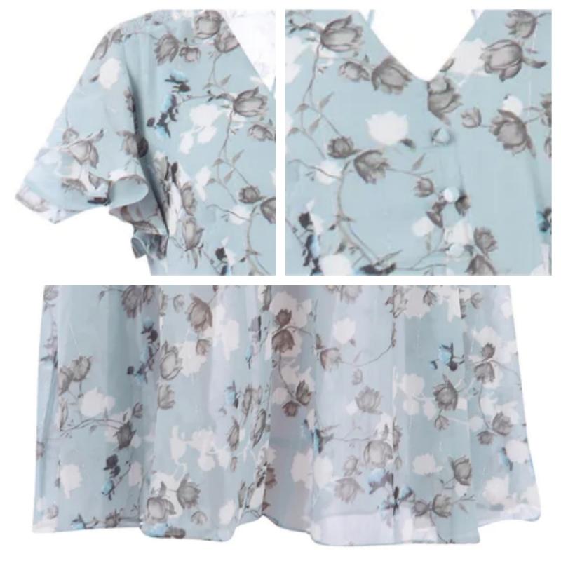 Women's Floral Dress - V-Neck - Short Flutter Sleeves - Knee-Length Flowy Design
