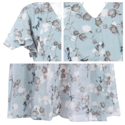 Women's Floral Dress - V-Neck - Short Flutter Sleeves - Knee-Length Flowy Design