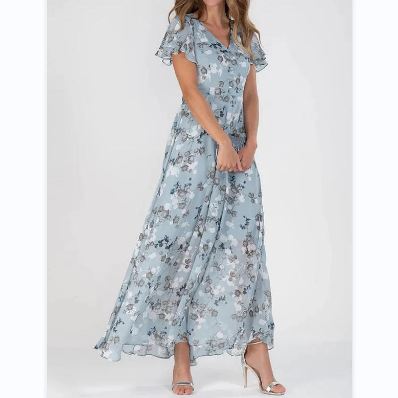 Women's Floral Dress - V-Neck - Short Flutter Sleeves - Knee-Length Flowy Design
