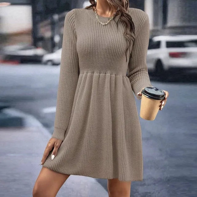 Women's Knitted Dress - Fitted Bodice - Long Sleeve - A-Line Elegant Cozy Fit