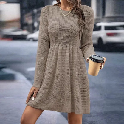 Women's Knitted Dress - Fitted Bodice - Long Sleeve - A-Line Elegant Cozy Fit