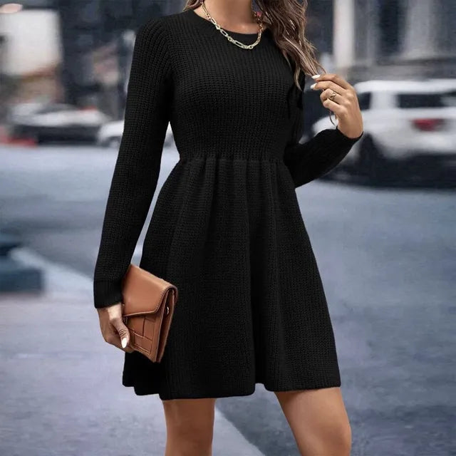 Women's Knitted Dress - Fitted Bodice - Long Sleeve - A-Line Elegant Cozy Fit