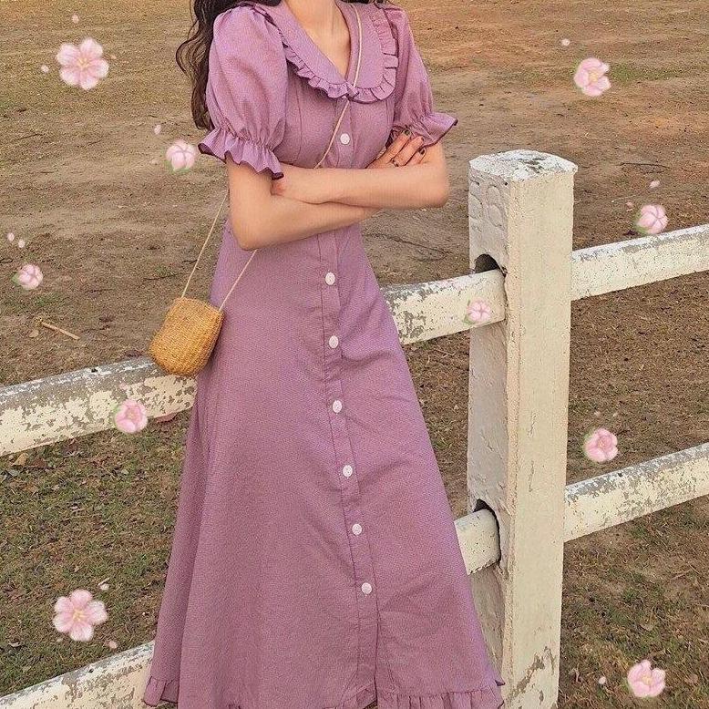 Women's Midi Dress - A-Line Silhouette - Puff Sleeves - Square Neck - Ruffled Hem