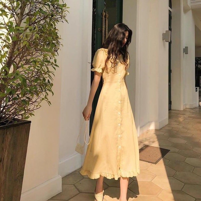 Puff Sleeve A-Line Ruffled Hem Midi Dress