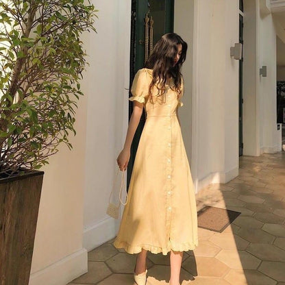 Women's Midi Dress - A-Line Silhouette - Puff Sleeves - Square Neck - Ruffled Hem