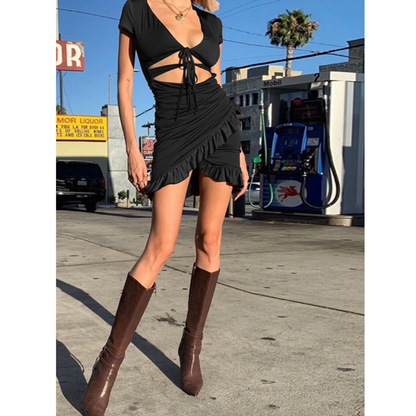 Women's Mini Dress - Ruched Bodycon Fit - Cutout Midriff - Short Sleeve V-Neck