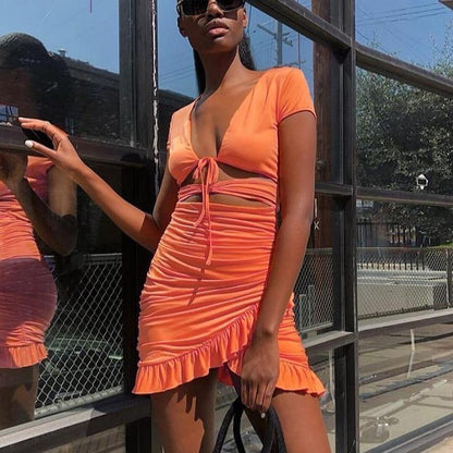 Women's Mini Dress - Ruched Bodycon Fit - Cutout Midriff - Short Sleeve V-Neck