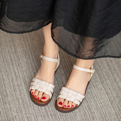 Women's Wedge Sandals - Leather Upper - Closed Toe - Adjustable Ankle Strap - Flat Sole