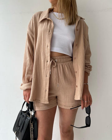 Women's casual relaxed button-up shirt and shorts set