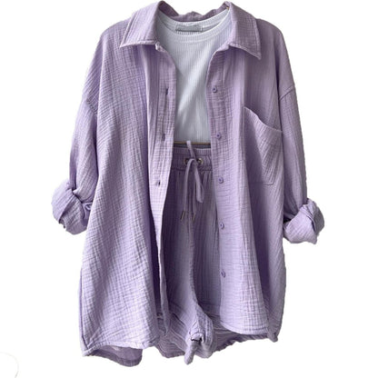 Women's casual relaxed button-up shirt and shorts set