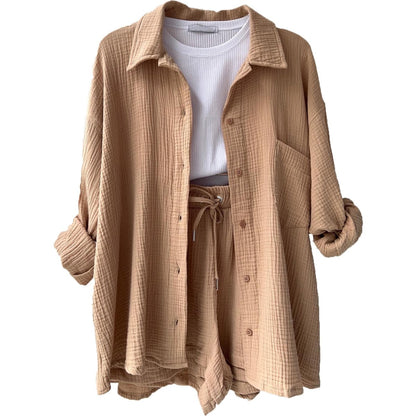 Women's casual relaxed button-up shirt and shorts set