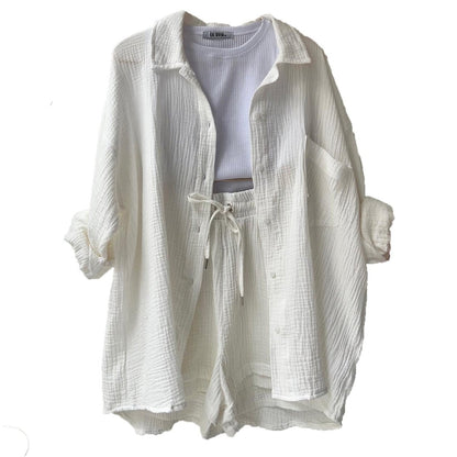 Women's casual relaxed button-up shirt and shorts set