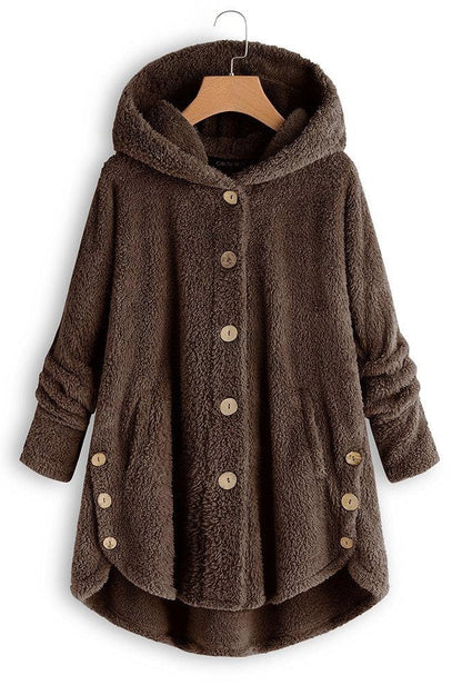 Women’s Hooded Coat – Oversized Fit – Plush Sherpa Texture – Button Front – Mid-Length