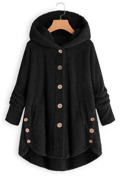 Women’s Hooded Coat – Oversized Fit – Plush Sherpa Texture – Button Front – Mid-Length