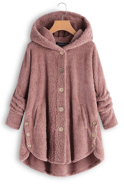 Women’s Hooded Coat – Oversized Fit – Plush Sherpa Texture – Button Front – Mid-Length