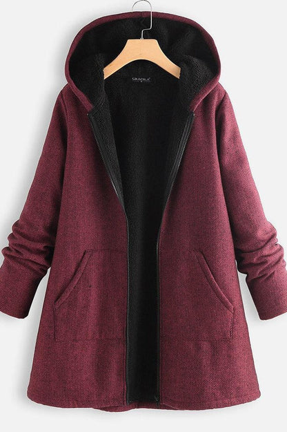 Women’s Hooded Coat – Wool Blend – Fleece Lined – Oversized Fit – Zipper Front