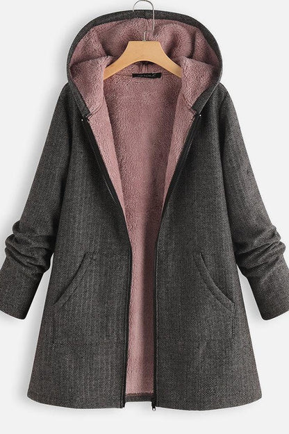 Women’s Hooded Coat – Wool Blend – Fleece Lined – Oversized Fit – Zipper Front