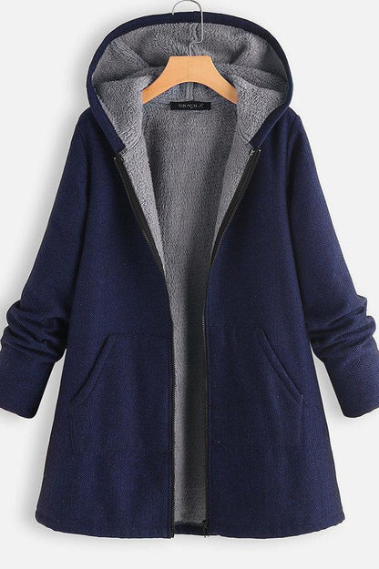 Women’s Hooded Coat – Wool Blend – Fleece Lined – Oversized Fit – Zipper Front