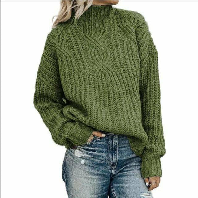 Women’s Knit Sweater - Chunky Cable Knit - Relaxed Fit - Mock Neck - Long Sleeve