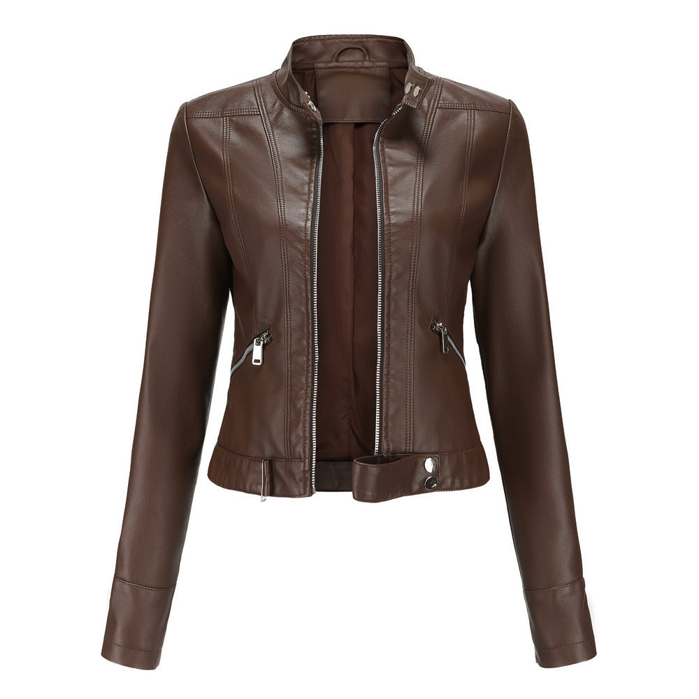 Women's plus size biker jacket with stand-up collar