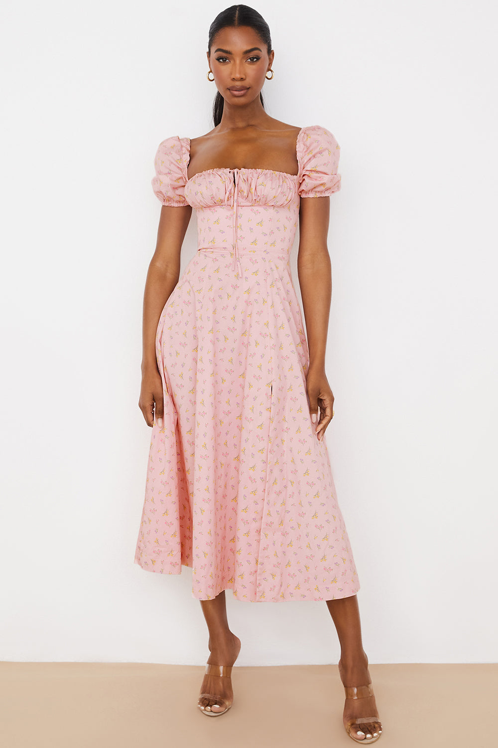 Women’s Midi Sundress – Cotton Blend – Ruched Bodice – Puff Sleeve – A-Line Fit