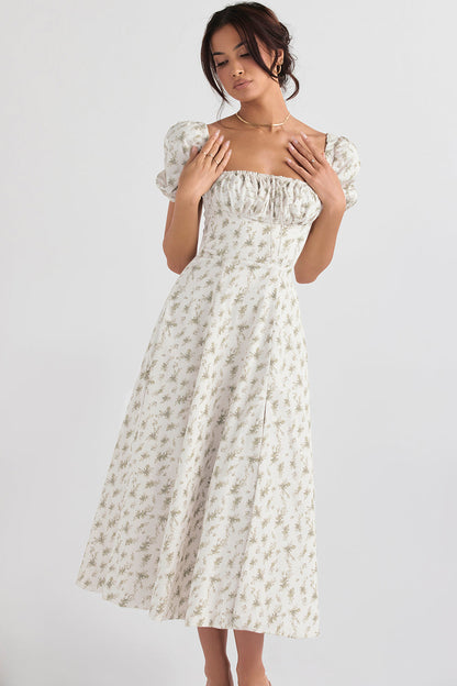 Women’s Midi Sundress – Cotton Blend – Ruched Bodice – Puff Sleeve – A-Line Fit