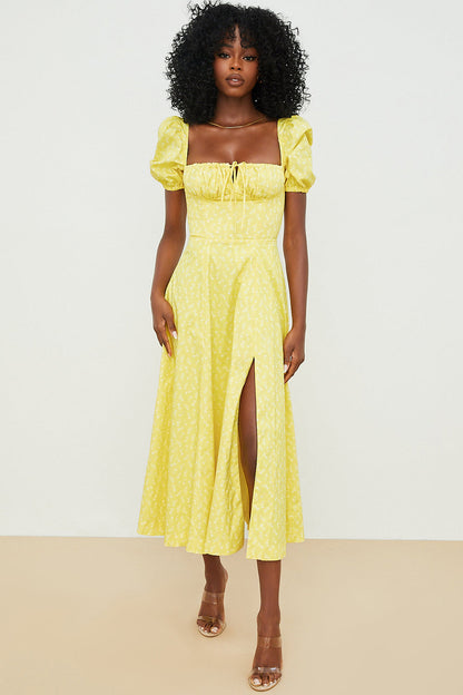 Women’s Midi Sundress – Cotton Blend – Ruched Bodice – Puff Sleeve – A-Line Fit