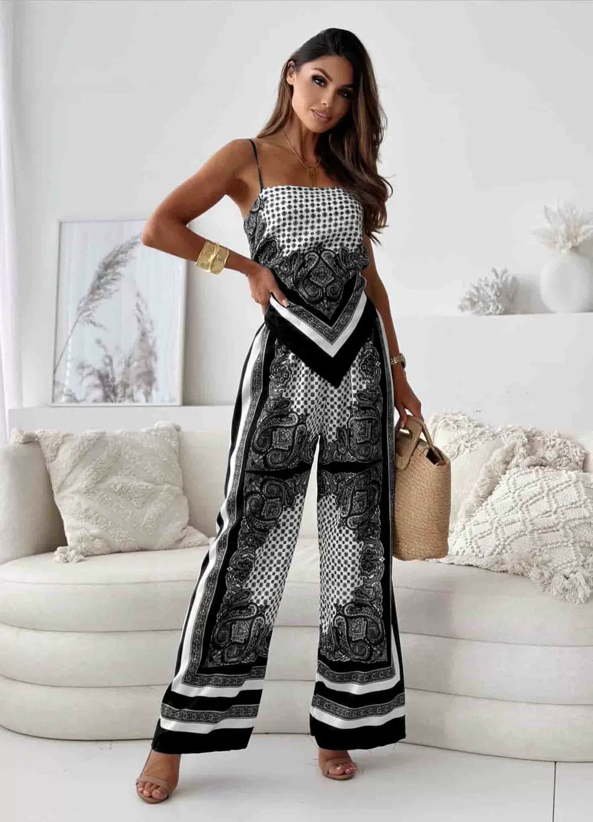 Women’s Jumpsuit - Spaghetti Straps - High Waist - Wide Leg - Geometric Pattern