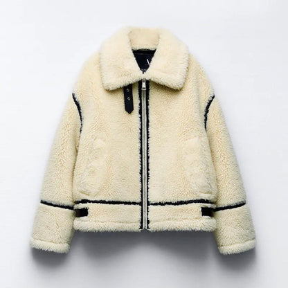 Women's Shearling Jacket - Plush Textured - Fold-Over Collar - Zip Closure