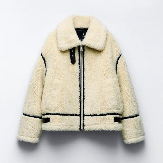 Plush Textured Shearling Zip Closure Jacket