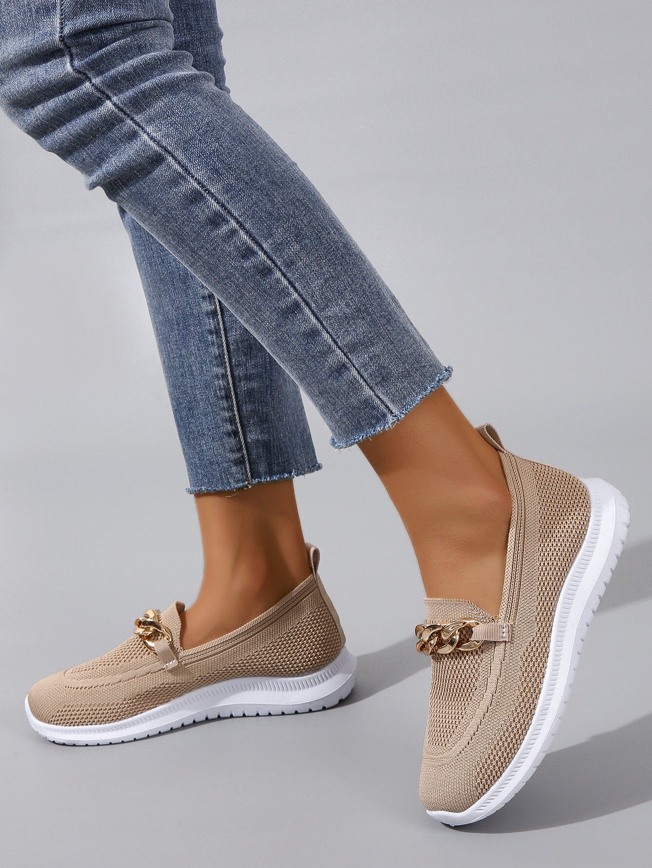 Women's Slip-On Loafers - Breathable Knit Upper - Chain Detail - Rubber Sole