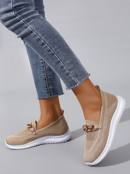 Women's Slip-On Loafers - Breathable Knit Upper - Chain Detail - Rubber Sole
