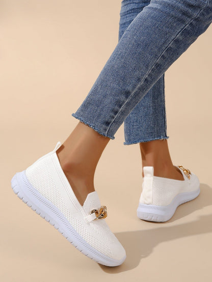 Women's Slip-On Loafers - Breathable Knit Upper - Chain Detail - Rubber Sole