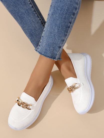 Women's Slip-On Loafers - Breathable Knit Upper - Chain Detail - Rubber Sole