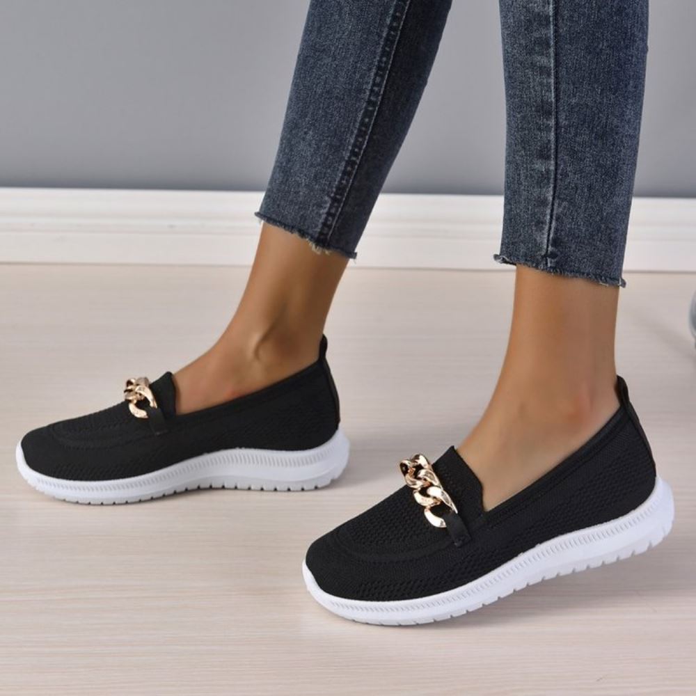 Women's Slip-On Loafers - Breathable Knit Upper - Chain Detail - Rubber Sole