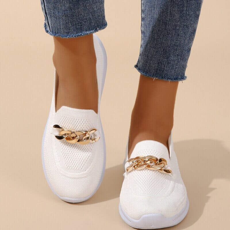 Women's Slip-On Loafers - Breathable Knit Upper - Chain Detail - Rubber Sole