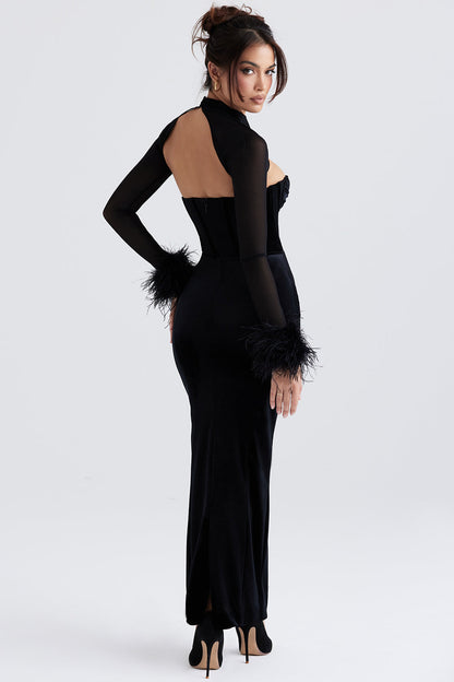 Women’s Maxi Dress – Velvet Fabric – Corset Bodice – Sheer Sleeves – Feather Cuffs