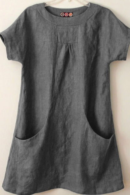 Women’s Blouse – Relaxed Fit – Short Sleeve – Natural Fibers – Tunic Length – Front Pockets