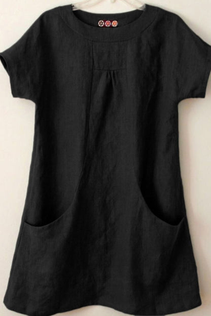 Women’s Blouse – Relaxed Fit – Short Sleeve – Natural Fibers – Tunic Length – Front Pockets