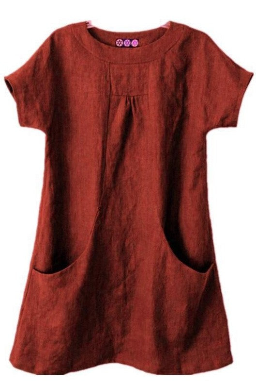 Women’s Blouse – Relaxed Fit – Short Sleeve – Natural Fibers – Tunic Length – Front Pockets