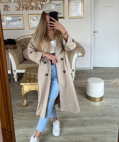 Women's casual belted lapel windbreaker jacket